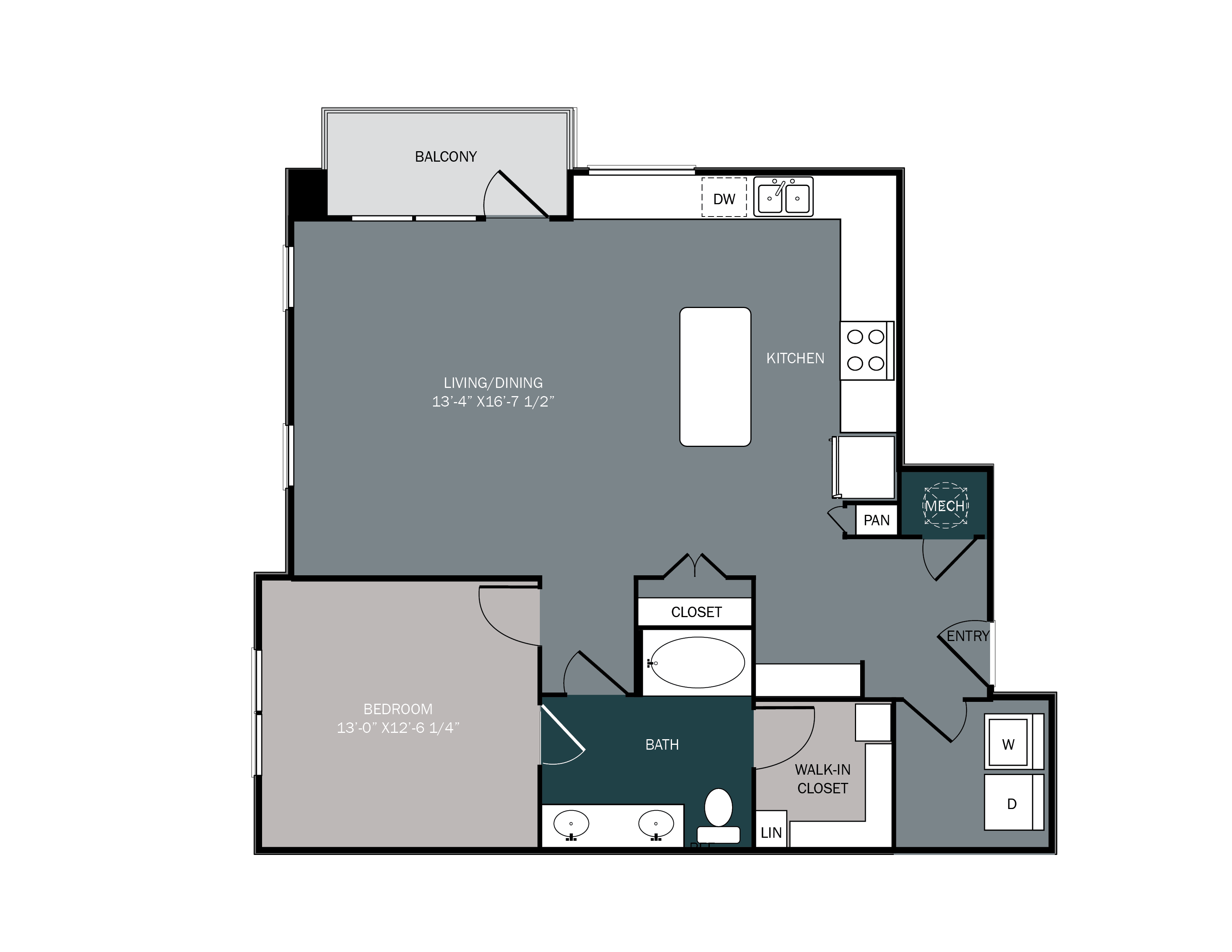 One bedroom apartment with large kitchen island
